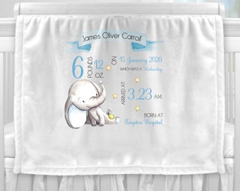 Personalised Baby Birth Stats Blanket: Soft Fleece Elephant Keepsake Gift Newborn Present