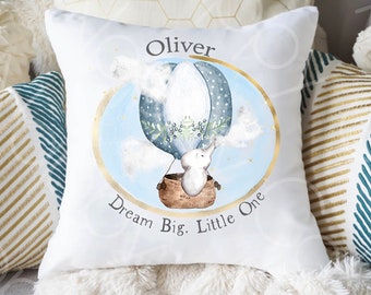 Personalised Cushion Dream Big Little One Cue Elephant Hot Air Balloon Pink or Blue Gift Baby Birth Keepsake, Birthday Add Name