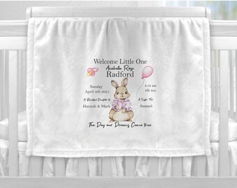 Personalised Baby Welcome Wrap Bunny Rabbit Birth Stats Blanket Pink or Blue Newborn Gift Keepsake Present