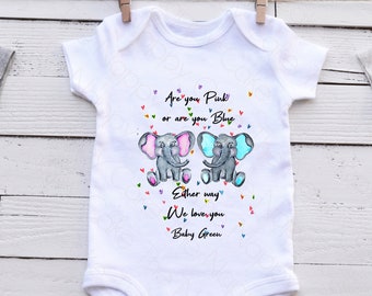 Baby Gender Reveal Party Baby Vest Bodysuit Keepsake. Present Gift for New Parents Boy or Girl? Can be Personalised with Surname Cute Design