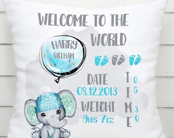 Personalised Baby Birth Cushion Stats Details Cute Elephant & Balloon Design Choice of Pink  Blue or Yellow Keepsake Gift