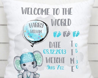 Personalised Baby Birth Stats Cushion: Elephant & Balloon Design Choice of colours Gift Present for new parents