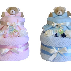 Baby Deluxe Waffle Bear Nappy Cake Two Tier Birth Present Baby Shower Pink or Blue image 1