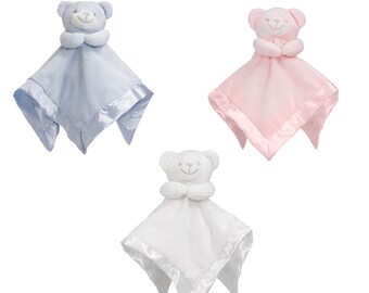 Personalised Baby Bear Comforter Blanket Toy Soft Velour with Satin edge / Backed Gift Embroidered Name & Date of Birth. Choice of coloiurs