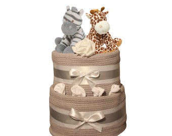 Twins Deluxe Unisex Baby Nappy Cake Grey Safari Design Birth Gift Maternity Present Baby Shower New Baby