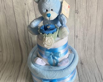 Baby Nappy Cake Deluxe Teddy Bear Design Gift Newborn Birth Gift Baby Shower Choice of colours Blue Pink Beige  or Grey Unique Gift Wrapped