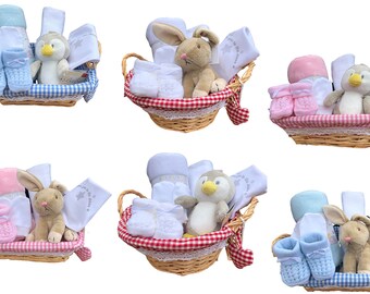 Baby Wicker Hamper 7 Piece Gift Set includes useful Gift Basket, Blanket, Soft Toy, Booties, Mitts Muslin and Bib, Gift Wrapped Bow Gift Tag