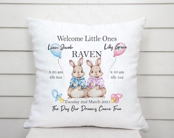 Baby Twins Personalised Cushion Bunny Rabbit Birth Details Design. Matching Wrap Blanket also available Pink / Blue Gift Keepsake Present