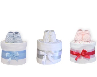 Single Tier Nappy Cake Choice of White, Blue, Pink, gift wrapped with bow and gift tag New Baby gift for new parents, bespoke gift