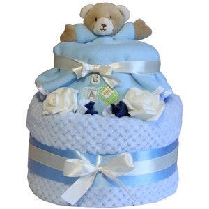 Baby Deluxe Waffle Bear Nappy Cake Two Tier Birth Present Baby Shower Pink or Blue Blue