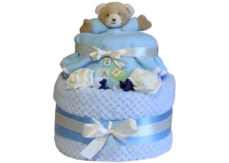 Baby Deluxe Waffle Bear Nappy Cake Two Tier Birth Present Baby Shower Pink or Blue Blue