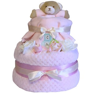 Baby Deluxe Waffle Bear Nappy Cake Two Tier Birth Present Baby Shower Pink or Blue Pink