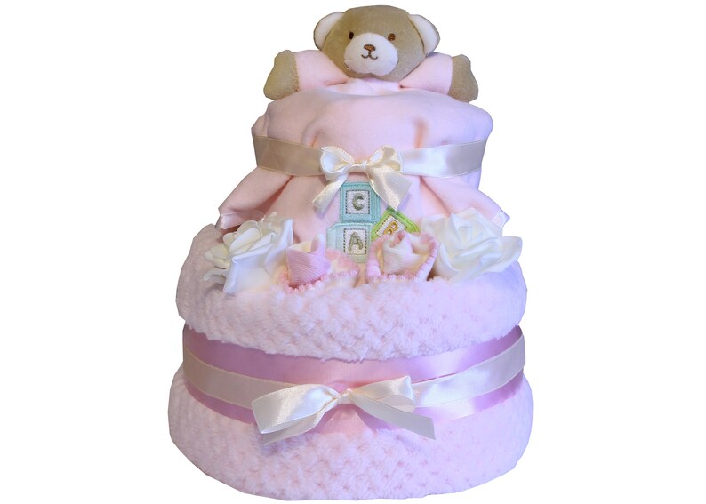 Baby Deluxe Waffle Bear Nappy Cake Two Tier Birth Present Baby Shower Pink or Blue Pink