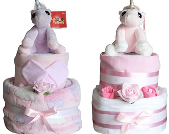 Baby Girls Nappy Cake Pretty Lilac Unicorn Design 2 Tier Present Gift for Newborn Baby Shower, New Baby, Maternity present  all gift wrapped