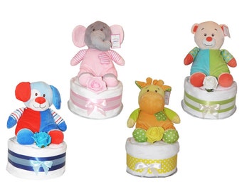 Baby Nappy Cake Large Teddy With Intergrated Rattle Toy Includes Blanket Toy Wash Cloth Rose Nappies Choice of designs