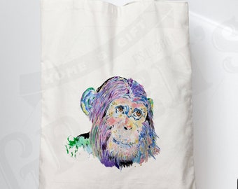 Chimp Monkey, Tote Canvas Bag, Eco Friendly Shopping Shoulder Bag, Gift For Her Gift Present, Rainbow Colours, Adorable Design