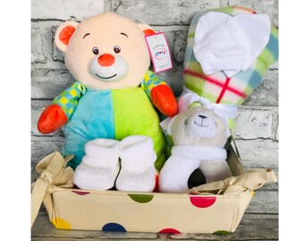 Baby Gift Hamper Set Gift Wrapped Large Teddy,Blanket,Soft Toy, Booties Mitts Storage Tray Birth Baby Shower New Baby Gift Pink Blue White