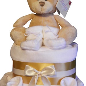 Baby Nappy Cake 2 Tier Unisex Colours Cute Bear Design Gift Wrapped with Bow and Tag Baby Gift Present Newborn image 2