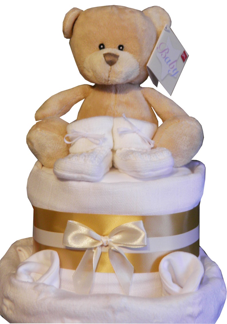 Baby Nappy Cake 2 Tier Unisex Colours Cute Bear Design Gift Wrapped with Bow and Tag Baby Gift Present Newborn image 2