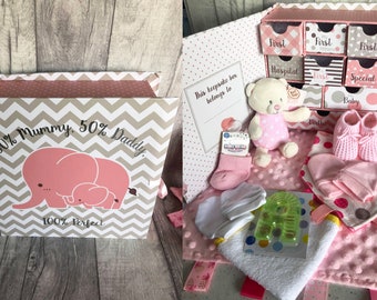 Deluxe Baby My First Keepsake Box Hamper full of gifts for new baby 10 Piece and Personalised Comforter toy with name Pink or Blue