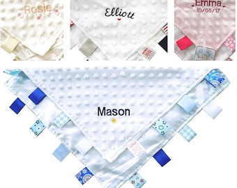 Personalised Baby Comforter Blanket with Tags: Embroidered With Name Gift Choice of colours