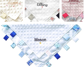 Personalised Baby Comforter Blanket With Taggys Embroidered baby name Tags decorate the Comforter Choice of colours Gift Keepsake New Baby