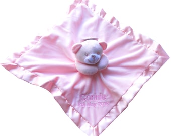 Personalised Baby Bear Comforter Blanket Toy Soft Velour with Satin edge / Backed Gift Embroidered Name & Date of Birth. Choice of coloiurs