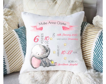 Personalised Baby Birth Stats Cushion Beautiful Cute Elephant Design. Pink or Blue Gift / Keepsake Gift Present for Newborn New Parents