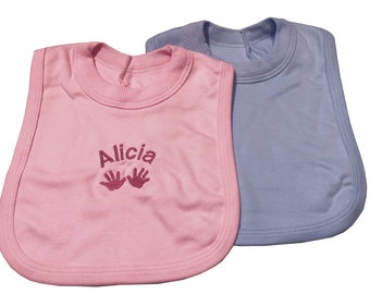 Personalised Large Baby Bib with Name and Handprint Logo. Embroidered Choice of Pink of Blue