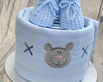 Baby Boys Blue Nappy Cake, Embroidered Sheet, Knitted Booties, Bib (Baby Shower Gift)