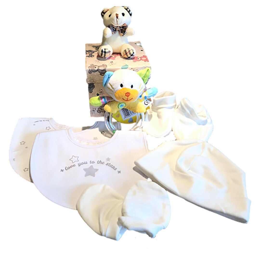 New Baby Hamper Birth Gift Set in A Teddy Bear Keepsake Box Includes ...
