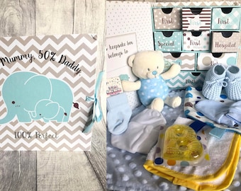 Deluxe Baby Hamper My First Keepsake Box full of unique gifts for new baby 10 Piece and Personalised Comforter Pink or Blue Parents present