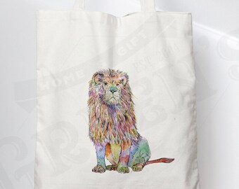 Lion Tote Canvas Bag, Shopping Shoulder Bag, Shopper, Gift Present Multi Coloured Ranibow Design, Eco Friendly, Make a statement