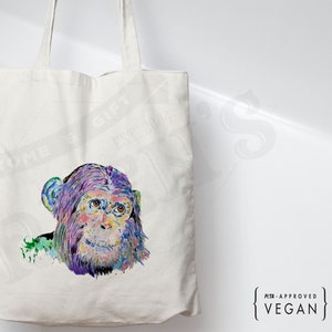 Chimp Monkey, Tote Canvas Bag, Eco Friendly Shopping Shoulder Bag, Gift For Her Gift Present, Rainbow Colours, Adorable Design image 3