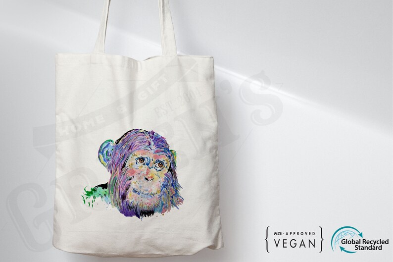 Chimp Monkey, Tote Canvas Bag, Eco Friendly Shopping Shoulder Bag, Gift For Her Gift Present, Rainbow Colours, Adorable Design image 3