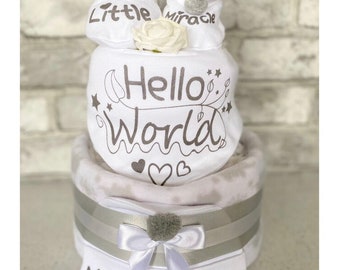 Baby Unisex Nappy Cake Baby Gift Newborn Baby Shower Birth Gift New Baby Gender Reveal Grey & White Hello World Bespoke Gift Wrapped