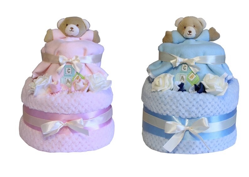 Baby Deluxe Waffle Bear Nappy Cake Two Tier Birth Present Baby Shower Pink or Blue image 1