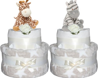 Unisex Baby Nappy Cake Gift Neutral Star Design Baby Shower Newborn Giraffe or Zebra Colours Taupe / Grey / Brown / Blue or Pink Wrapped