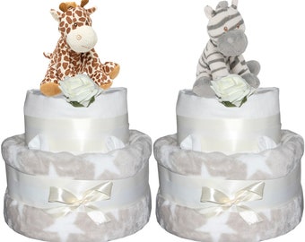 Baby Nappy Cake Unisex Star Neutral Design Baby Shower Gift Giraffe & Zebra Design Colours Taupe / Grey / Brown /  Blue or Pink