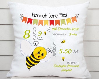 Personalised Baby Birth Stats Cushion in a Beautiful Cute Bee Design. Unisex Gift / Keepsake Present for New Parents