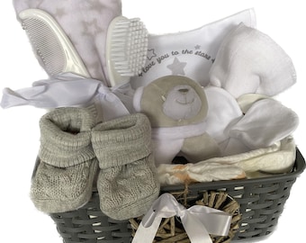 Unisex Baby Hamper Basket Gift Set for a newborn Welcome Gift Baby Shower Birth Maternity Gift Ideal gift present for new parents Grey White