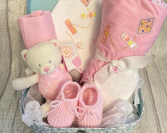 New Baby Gift Hamper Set in Peter Rabbit Keepsake Case Baby Shower Birth Maternity Gift Wrapped with Bow & Tag Pink Gift Set