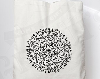 Mandala Floral Love Tote Bag, Eco Shopping Shoulder Bag, Gift For Her, Eco friendly Bag, Love Heart Art, Gift Present Women