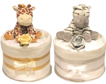 Unisex Baby Nappy Cake: Plush Giraffe or Zebra, Toy Rattle, Muslin, Mitts, Rose Gift Wrapped, Bow & Gift Tag for Baby Shower Gift