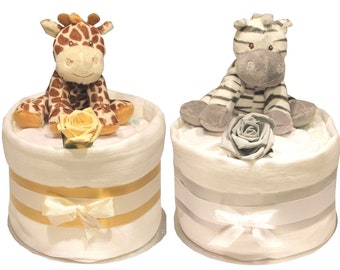 Baby Unisex Nappy Cake Plush Giraffe or Zebra Toy Rattle Mitts Rose Muslin Gift Wrapped in cellophane & Matching Bow with gift tag