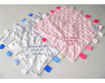 Personalised Baby Comforter Blanket: Embroidered Taggy Sensory Toy Gift for new baby security comfort