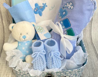 New Baby Gift Hamper Set in Peter Rabbit Keepsake Case Baby Shower Birth Maternity Gift Wrapped with Bow & Tag Blue Gift Set