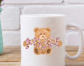 Personalised Mum Mug Cute Fuzzy Bear Is Holding Pretty Flowers Saying Mum Birthday / Mother's Day/ Christmas Thank you Ceramic Mug