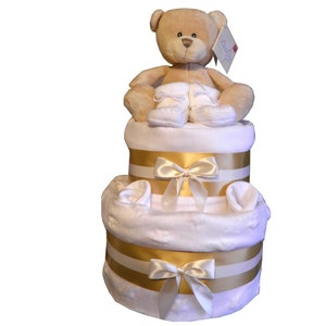 Baby Nappy Cake 2 Tier Unisex Colours Cute Bear Design Gift Wrapped with Bow and Tag Baby Gift Present Newborn image 1