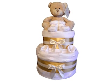 Baby Nappy Cake 2 Tier Unisex Colours Cute Bear Design Gift Wrapped with Bow and Tag Baby Gift Present Newborn